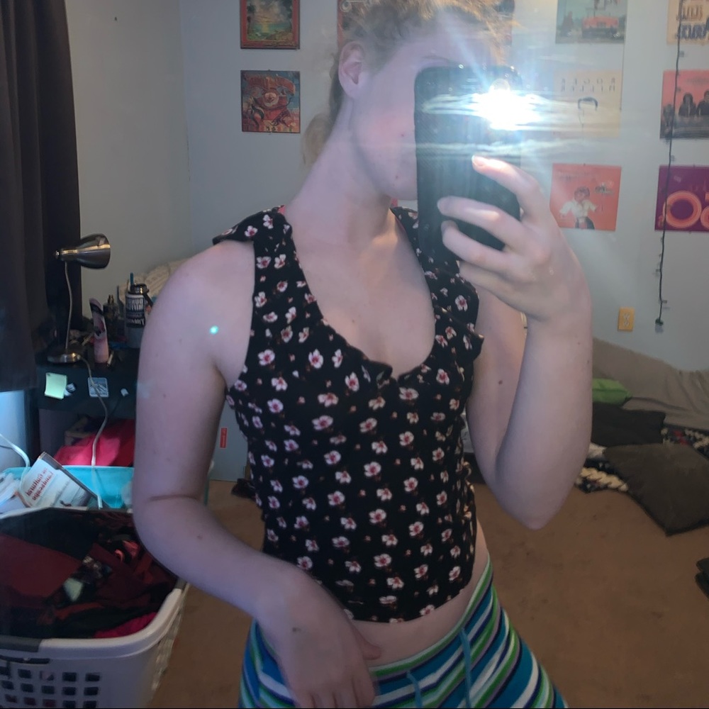 Black cropped shirt with pink and white flowers